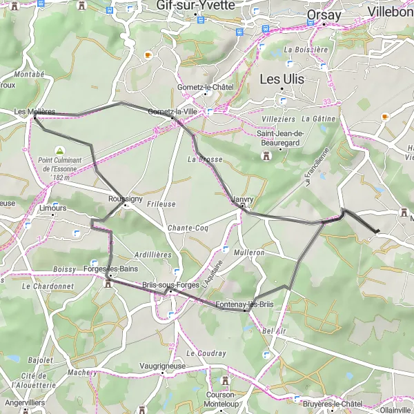 Map miniature of "Gometz-la-Ville and Briis-sous-Forges Loop" cycling inspiration in Ile-de-France, France. Generated by Tarmacs.app cycling route planner