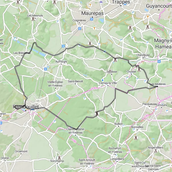 Miniature de la carte de l'inspiration cycliste "Les Molières - Rambouillet - Boullay-les-Troux" dans la Ile-de-France, France. Générée par le planificateur d'itinéraire cycliste Tarmacs.app