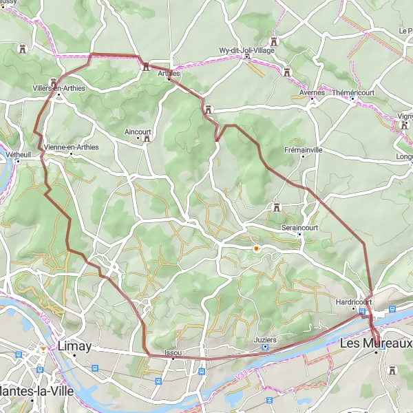 Map miniature of "Les Mureaux - Arthies Gravel Ride" cycling inspiration in Ile-de-France, France. Generated by Tarmacs.app cycling route planner