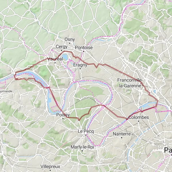 Map miniature of "Les Mureaux - Verneuil-sur-Seine Gravel Adventure" cycling inspiration in Ile-de-France, France. Generated by Tarmacs.app cycling route planner