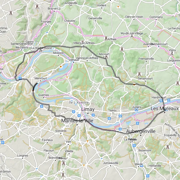 Map miniature of "Les Mureaux - Bonnières-sur-Seine Loop" cycling inspiration in Ile-de-France, France. Generated by Tarmacs.app cycling route planner