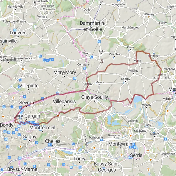 Map miniature of "Sevran and Beyond" cycling inspiration in Ile-de-France, France. Generated by Tarmacs.app cycling route planner