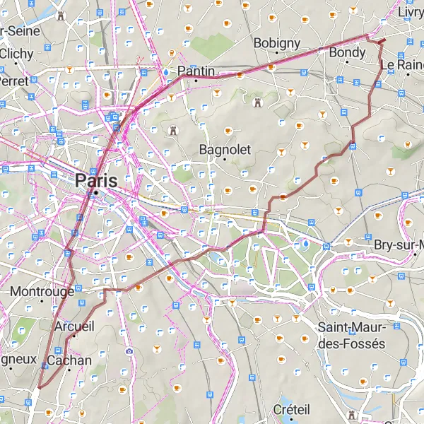 Miniature de la carte de l'inspiration cycliste "Vincennes à Bobigny en gravier" dans la Ile-de-France, France. Générée par le planificateur d'itinéraire cycliste Tarmacs.app