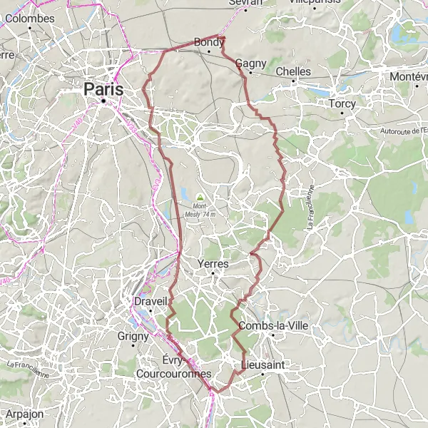 Miniature de la carte de l'inspiration cycliste "Les Trésors du Sud-Est" dans la Ile-de-France, France. Générée par le planificateur d'itinéraire cycliste Tarmacs.app