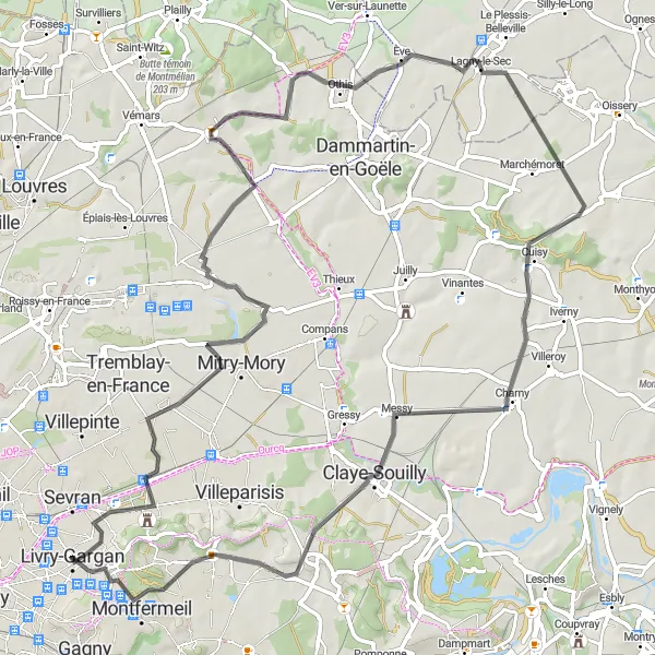 Map miniature of "Roads Less Traveled" cycling inspiration in Ile-de-France, France. Generated by Tarmacs.app cycling route planner