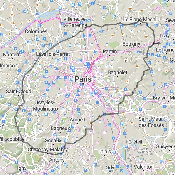Miniature de la carte de l'inspiration cycliste "Les Pavillons-sous-Bois à Suresnes" dans la Ile-de-France, France. Générée par le planificateur d'itinéraire cycliste Tarmacs.app