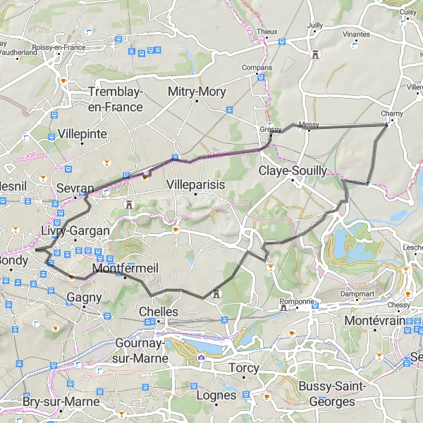 Miniature de la carte de l'inspiration cycliste "La Route des Carrières" dans la Ile-de-France, France. Générée par le planificateur d'itinéraire cycliste Tarmacs.app