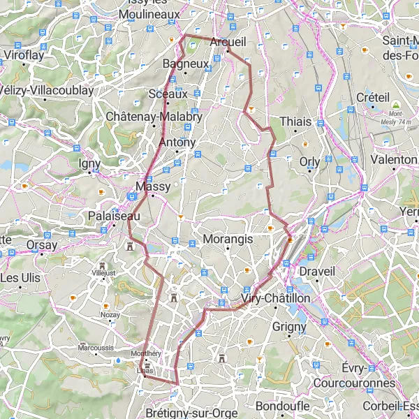 Map miniature of "Off-road adventure through scenic landscapes" cycling inspiration in Ile-de-France, France. Generated by Tarmacs.app cycling route planner