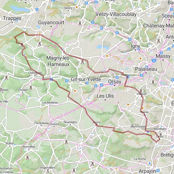 Map miniature of "Challenging Gravel Ride from Leuville-sur-Orge" cycling inspiration in Ile-de-France, France. Generated by Tarmacs.app cycling route planner