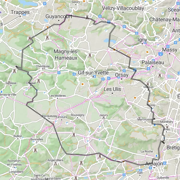 Map miniature of "Challenging hills and breathtaking vistas" cycling inspiration in Ile-de-France, France. Generated by Tarmacs.app cycling route planner
