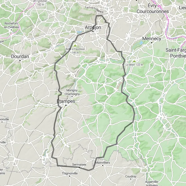 Map miniature of "Charming Villages of Leuville-sur-Orge" cycling inspiration in Ile-de-France, France. Generated by Tarmacs.app cycling route planner