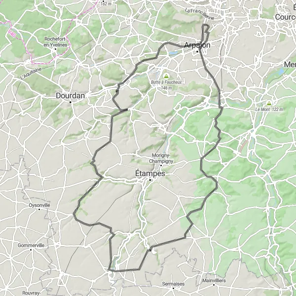 Map miniature of "Challenging Adventure near Leuville-sur-Orge" cycling inspiration in Ile-de-France, France. Generated by Tarmacs.app cycling route planner