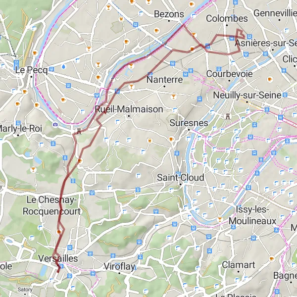 Map miniature of "Gravel Route: Levallois-Perret to Versailles" cycling inspiration in Ile-de-France, France. Generated by Tarmacs.app cycling route planner