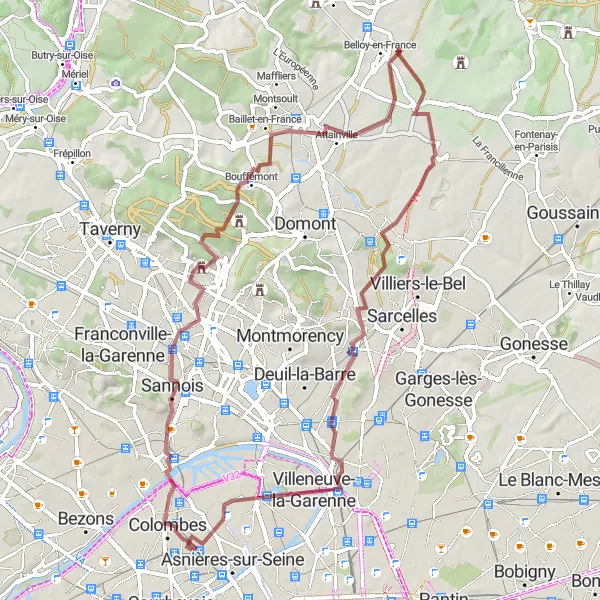 Map miniature of "Bouffémont Gravel Loop" cycling inspiration in Ile-de-France, France. Generated by Tarmacs.app cycling route planner
