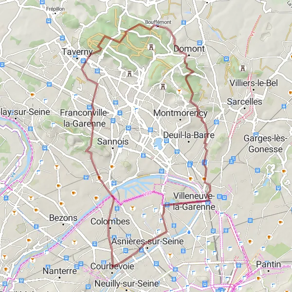 Map miniature of "Gravel Route: Levallois-Perret to Gennevilliers" cycling inspiration in Ile-de-France, France. Generated by Tarmacs.app cycling route planner