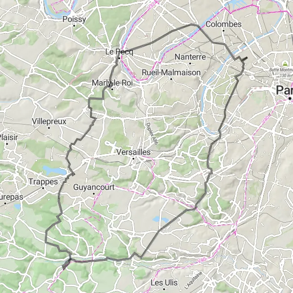 Map miniature of "Levallois-Perret to Bois-d'Arcy Loop" cycling inspiration in Ile-de-France, France. Generated by Tarmacs.app cycling route planner