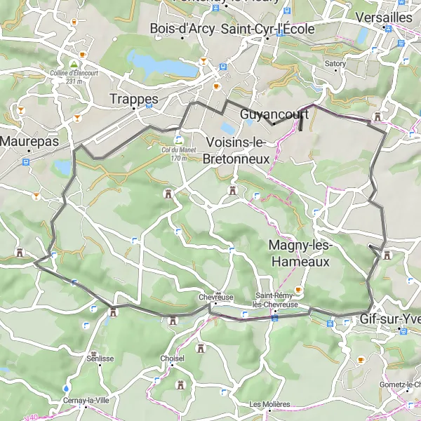 Miniature de la carte de l'inspiration cycliste "Scenic Road Tour from Le Mesnil-Saint-Denis" dans la Ile-de-France, France. Générée par le planificateur d'itinéraire cycliste Tarmacs.app