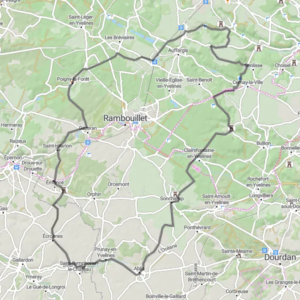 Map miniature of "Valley of the Essarts" cycling inspiration in Ile-de-France, France. Generated by Tarmacs.app cycling route planner