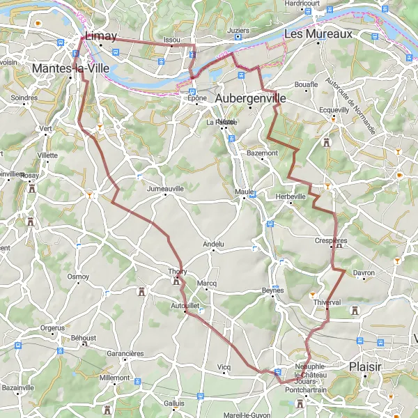 Map miniature of "Limay to Flins-sur-Seine Loop" cycling inspiration in Ile-de-France, France. Generated by Tarmacs.app cycling route planner