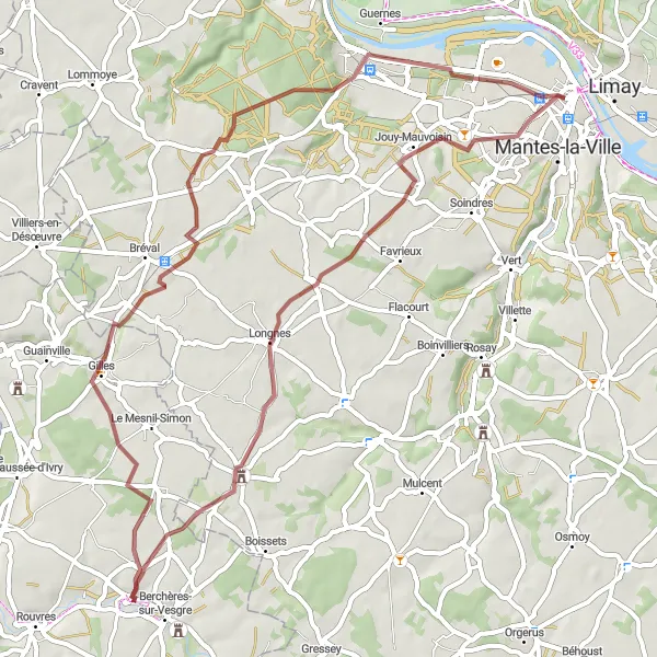 Map miniature of "Gravel Adventure to Flins-Neuve-Église" cycling inspiration in Ile-de-France, France. Generated by Tarmacs.app cycling route planner