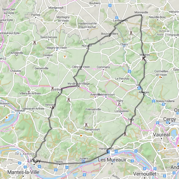 Map miniature of "Arthies Loop" cycling inspiration in Ile-de-France, France. Generated by Tarmacs.app cycling route planner