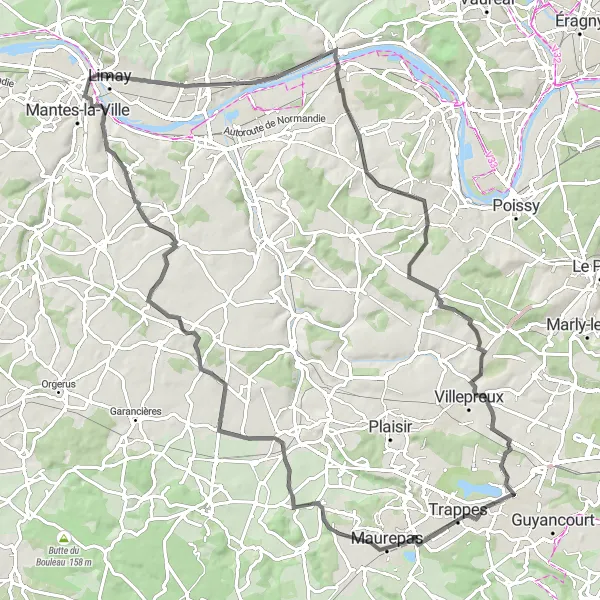 Miniature de la carte de l'inspiration cycliste "Les Châteaux du Vexin et la Forêt de Marly" dans la Ile-de-France, France. Générée par le planificateur d'itinéraire cycliste Tarmacs.app