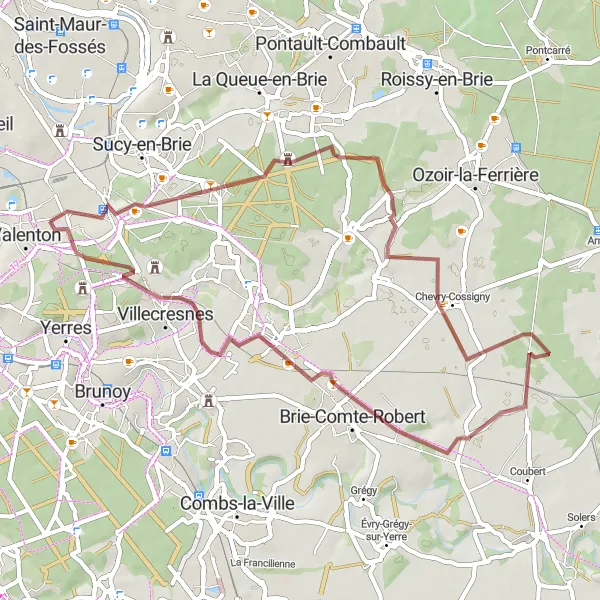 Map miniature of "Boissy-Saint-Léger to Limeil-Brévannes Gravel Loop" cycling inspiration in Ile-de-France, France. Generated by Tarmacs.app cycling route planner