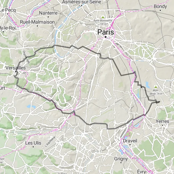 Map miniature of "Villeneuve-Saint-Georges to Table d'Orientation" cycling inspiration in Ile-de-France, France. Generated by Tarmacs.app cycling route planner