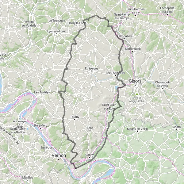 Map miniature of "The Vexin Loop" cycling inspiration in Ile-de-France, France. Generated by Tarmacs.app cycling route planner