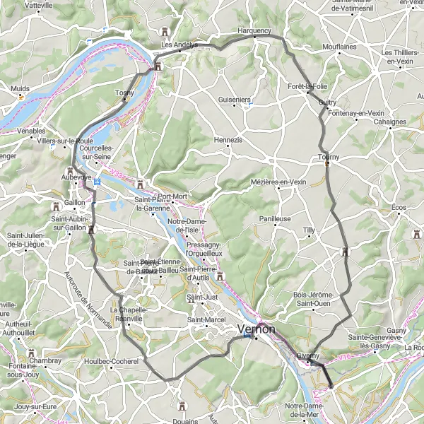 Map miniature of "Monet's Garden and Scenic Routes" cycling inspiration in Ile-de-France, France. Generated by Tarmacs.app cycling route planner