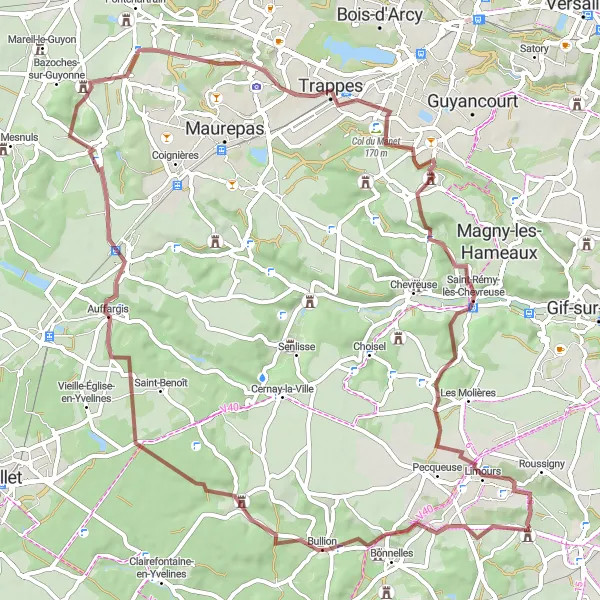 Miniature de la carte de l'inspiration cycliste "Parcours de gravel depuis Limours vers Colline d'Élancourt" dans la Ile-de-France, France. Générée par le planificateur d'itinéraire cycliste Tarmacs.app