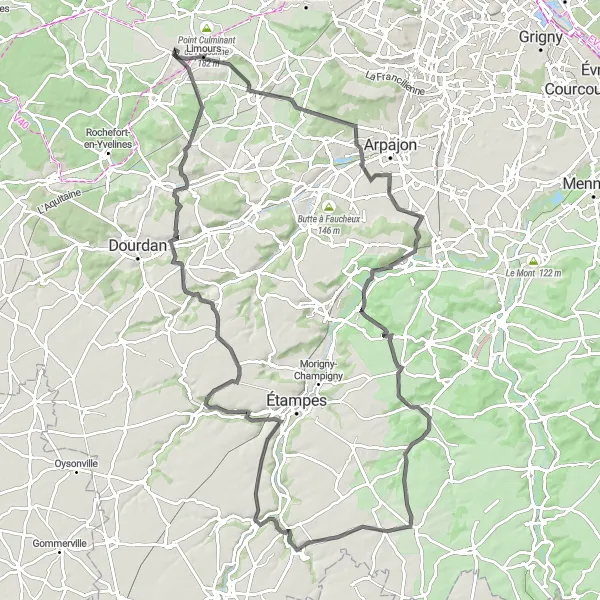 Miniature de la carte de l'inspiration cycliste "Route des châteaux médiévaux" dans la Ile-de-France, France. Générée par le planificateur d'itinéraire cycliste Tarmacs.app