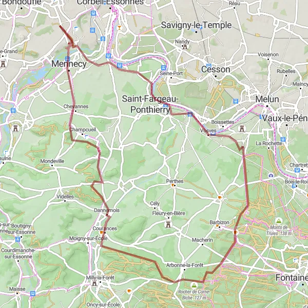 Map miniature of "Boissise-le-Roi - Point de Vue des Gorges d'Apremont - Arbonne-la-Forêt - Dannemois - Mennecy" cycling inspiration in Ile-de-France, France. Generated by Tarmacs.app cycling route planner