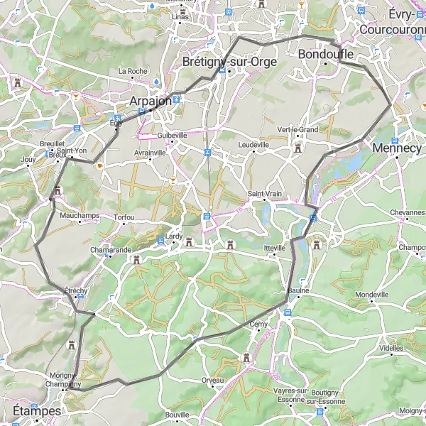 Miniature de la carte de l'inspiration cycliste "Parcours Historique de l'Essonne" dans la Ile-de-France, France. Générée par le planificateur d'itinéraire cycliste Tarmacs.app