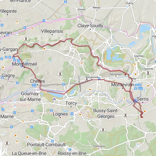 Map miniature of "Scenic Gravel Route through Sevran and Bussy-Saint-Martin" cycling inspiration in Ile-de-France, France. Generated by Tarmacs.app cycling route planner