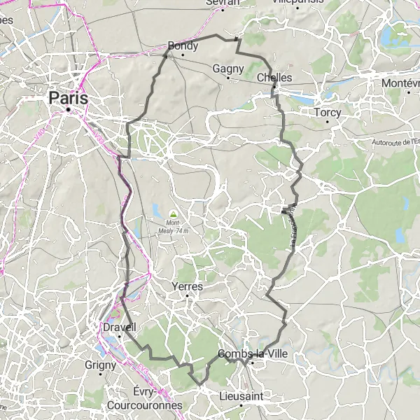 Map miniature of "Ile-de-France Road Cycling Route 3" cycling inspiration in Ile-de-France, France. Generated by Tarmacs.app cycling route planner