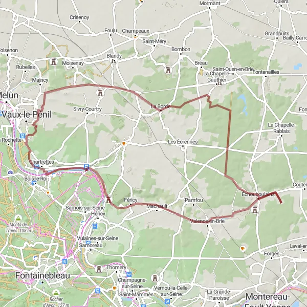 Miniature de la carte de l'inspiration cycliste "Circuit vers la Abbaye de Barbeau" dans la Ile-de-France, France. Générée par le planificateur d'itinéraire cycliste Tarmacs.app