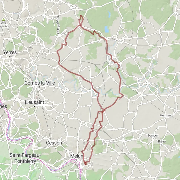 Map miniature of "Gravel Adventure to Férolles-Attilly" cycling inspiration in Ile-de-France, France. Generated by Tarmacs.app cycling route planner