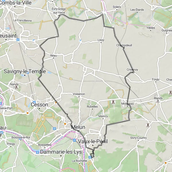 Miniature de la carte de l'inspiration cycliste "Boucle vers Évry-Grégy-sur-Yerre" dans la Ile-de-France, France. Générée par le planificateur d'itinéraire cycliste Tarmacs.app