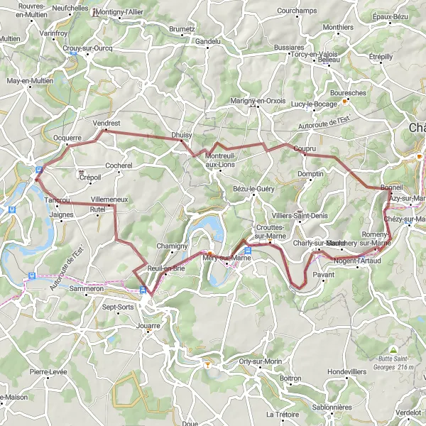 Map miniature of "Gravel Loop to Dhuisy and Tancrou" cycling inspiration in Ile-de-France, France. Generated by Tarmacs.app cycling route planner