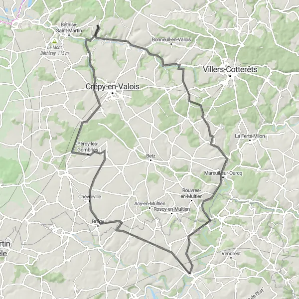 Map miniature of "Exploring the Countryside around Lizy-sur-Ourcq" cycling inspiration in Ile-de-France, France. Generated by Tarmacs.app cycling route planner