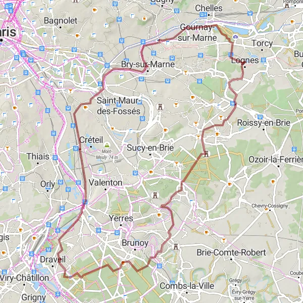 Miniature de la carte de l'inspiration cycliste "Parcours de gravel autour de Lognes" dans la Ile-de-France, France. Générée par le planificateur d'itinéraire cycliste Tarmacs.app