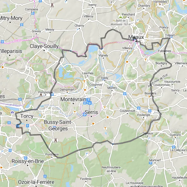 Miniature de la carte de l'inspiration cycliste "Route des Châteaux de la Brie" dans la Ile-de-France, France. Générée par le planificateur d'itinéraire cycliste Tarmacs.app