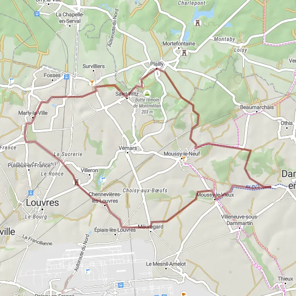 Miniature de la carte de l'inspiration cycliste "Boucle de 35 km entre Longperrier et Moussy-le-Neuf" dans la Ile-de-France, France. Générée par le planificateur d'itinéraire cycliste Tarmacs.app