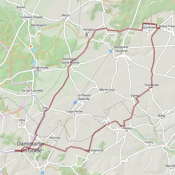 Miniature de la carte de l'inspiration cycliste "Parcours vers Péroy-les-Gombries" dans la Ile-de-France, France. Générée par le planificateur d'itinéraire cycliste Tarmacs.app