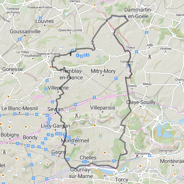 Miniature de la carte de l'inspiration cycliste "Parcours de 71 km entre Villeneuve-sous-Dammartin et Moussy-le-Vieux" dans la Ile-de-France, France. Générée par le planificateur d'itinéraire cycliste Tarmacs.app