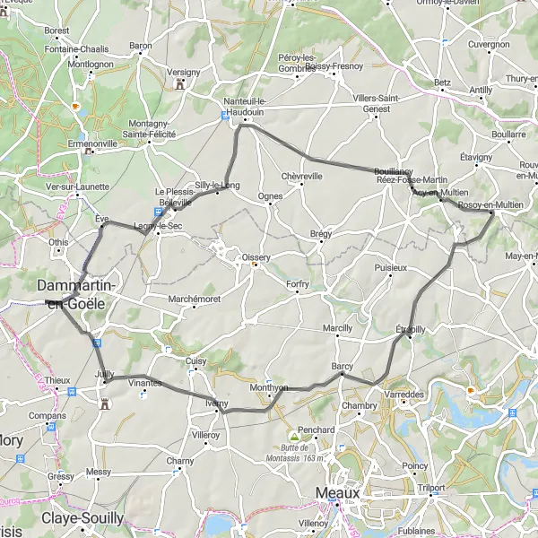 Map miniature of "A Journey through Historic Towns and Countryside" cycling inspiration in Ile-de-France, France. Generated by Tarmacs.app cycling route planner
