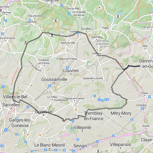 Map miniature of "Scenic Route through Historical Towns and Villages" cycling inspiration in Ile-de-France, France. Generated by Tarmacs.app cycling route planner
