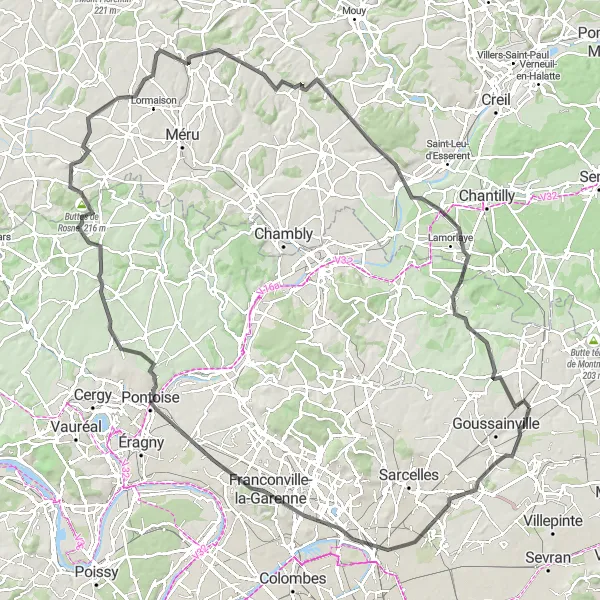 Map miniature of "The Val d'Oise Challenge" cycling inspiration in Ile-de-France, France. Generated by Tarmacs.app cycling route planner