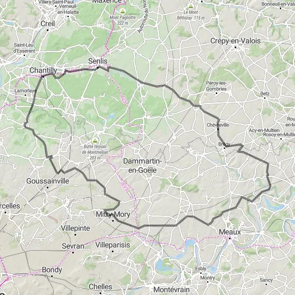 Miniature de la carte de l'inspiration cycliste "Boucle route entre villages pittoresques" dans la Ile-de-France, France. Générée par le planificateur d'itinéraire cycliste Tarmacs.app